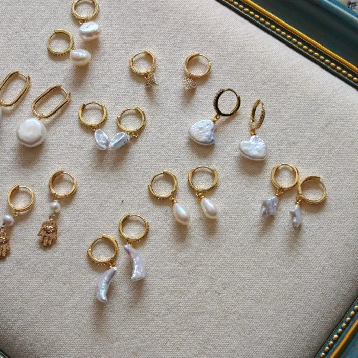 Authentic 18K Gold Plated Huggie Hoop Earrings, Natural Baroque Freshwater Pearl Drop Dangle Earrings with Heart Moon Star Hamsa Charms
