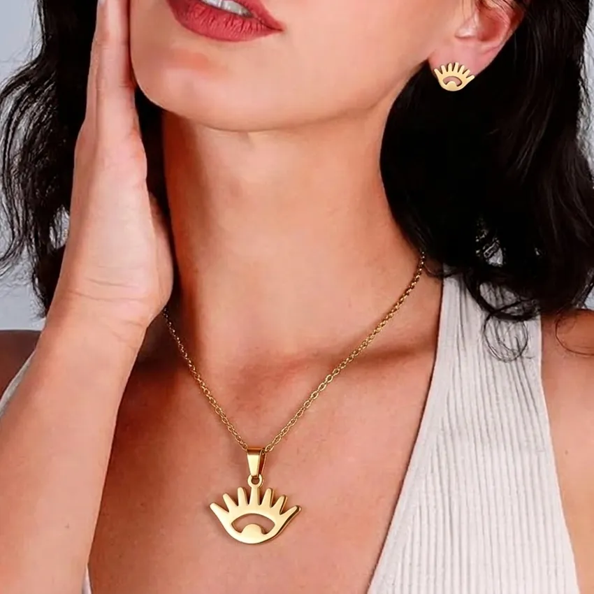 Authentic Stainless Steel Evil Eye Hamsa Hand Jewelry Set Amulet Charm Necklace Stud Earrings Lucky Protection Boho Spiritual Women Gifts