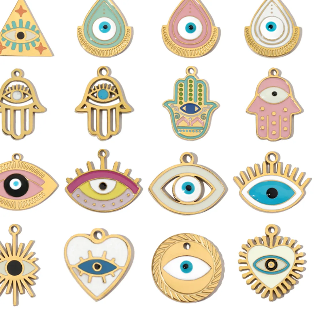 Authentic 3pcs/Lot Enamel Hamsa Hand DIY Earrings Charms Heart Eye Neaclace Pendant Stainless Steel 14K Gold Color Jewelry Accessory