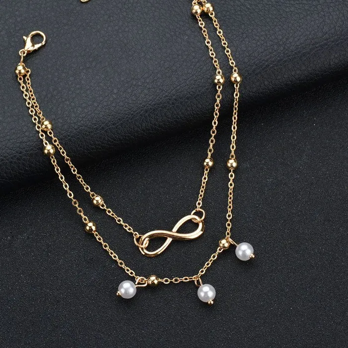 Authentic Infinity Heart Pearl Anklet Twin Layered Boho Talisman Of Love & Protection