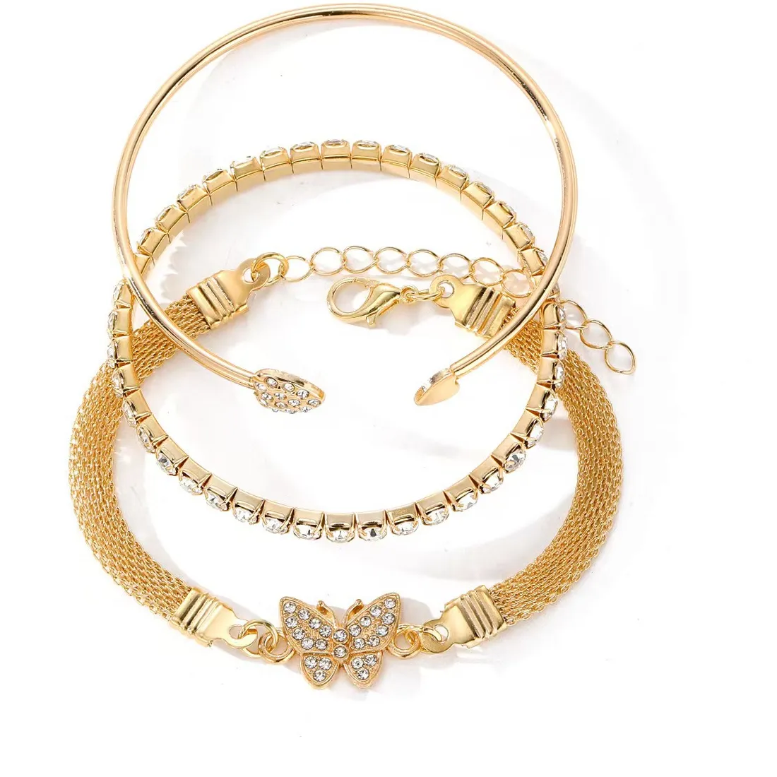 Authentic Vintage Infinity Heart Crystal Rhinestone Bracelet Set Women Gold Tone Adjustable Bangle Wedding Party Jewelry Gift