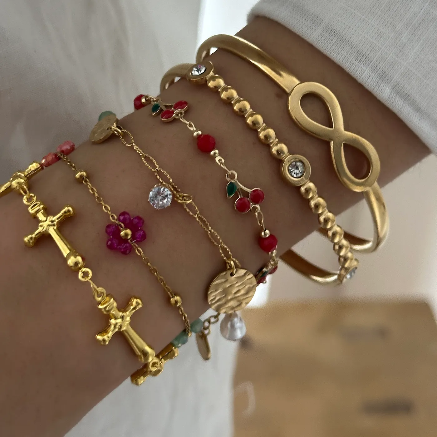 Authentic Gold Plated Stack Bracelets For Women Cherry Bead Flower Cross Infinity Pearl Crystal Charm Boho Ethnic Daily Wear Jewelry Gift