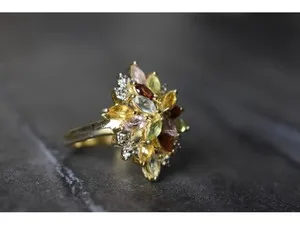 Authentic Radiant Solar Harmony Multi-Gemstone Ring in Gold-Plated Sterling Silver Size 6.5