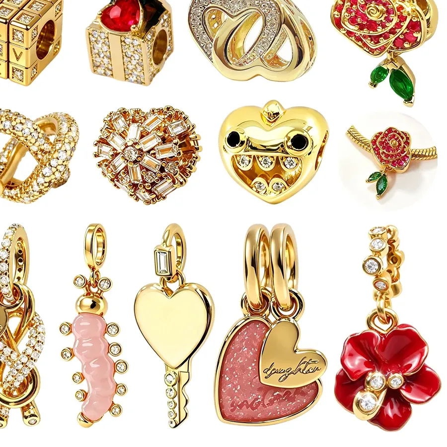 Authentic Rose Heart Love Cube Key Infinity Gold CZ Original Charm Silver Plated Beads Fit Bracelets Bag Keychain Diy Women Gift Accessory