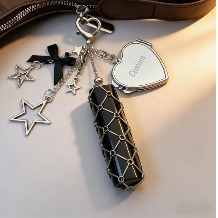 Authentic Customized Name Mesh Bag Keychain Lipstick Holder Diy Bag Pendant Silver Heart Star Chain Bag Accessories