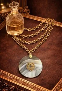 Authentic The Golden Meridian: 1980s Agate Asian Talisman Long Statement Necklace