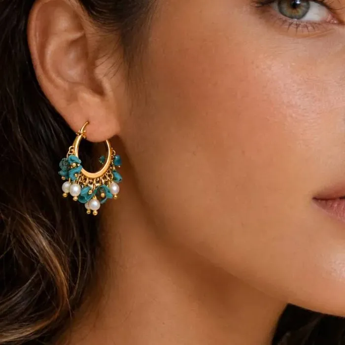 Authentic Pearl Turquoise Multi Tassel Charm Big Hoop Earrings Women Silver Golden Color Delicate Statement Earring Party Trendy Accessory