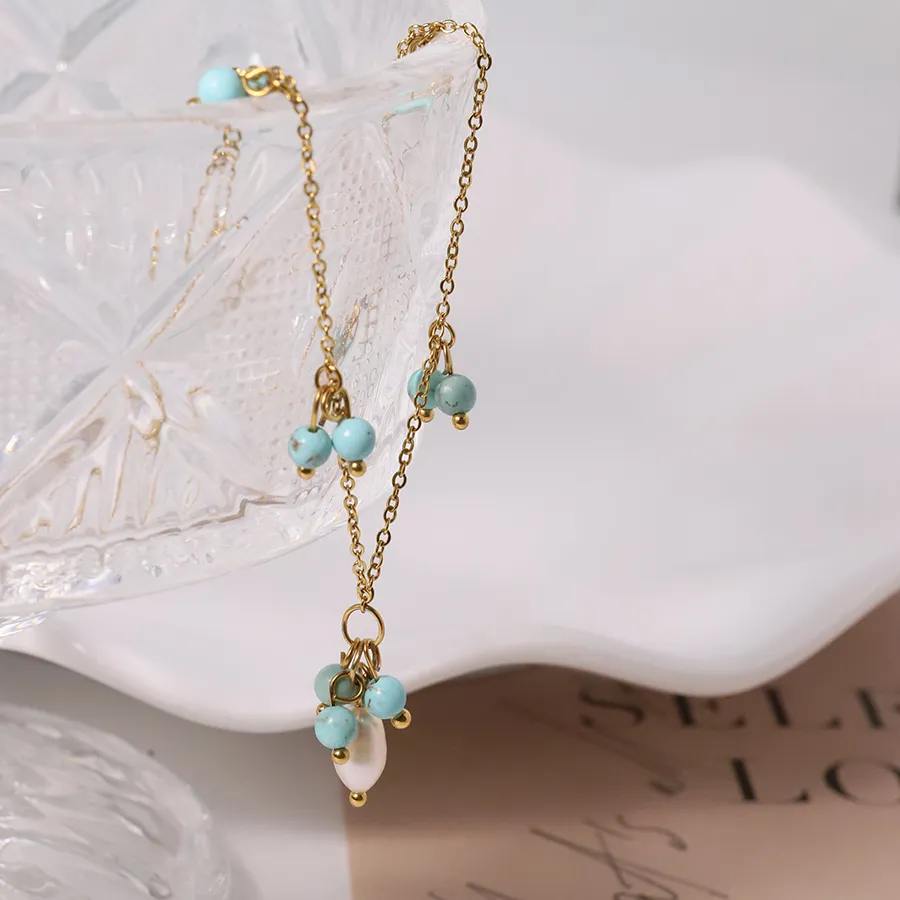 Authentic The Azure Tides Talisman: Turquoise and Freshwater Pearl 18K Gold-Plated Chain