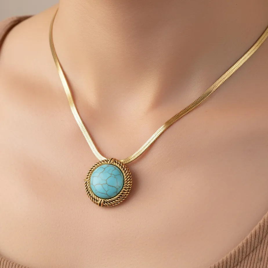 Authentic 18K Gold Plated Turquoise Pendant Necklace With Blade Chain Elegent Neck For Daily Accessories