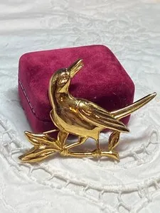Authentic Celestial Gold‑Plated Brooch: Enchanted Bird on a Leafed Branch