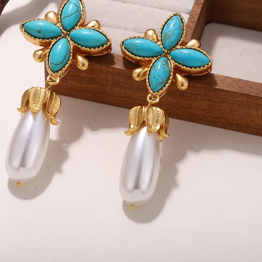 Authentic Blossoming Protection: Turquoise Flower Earrings with White Pearl