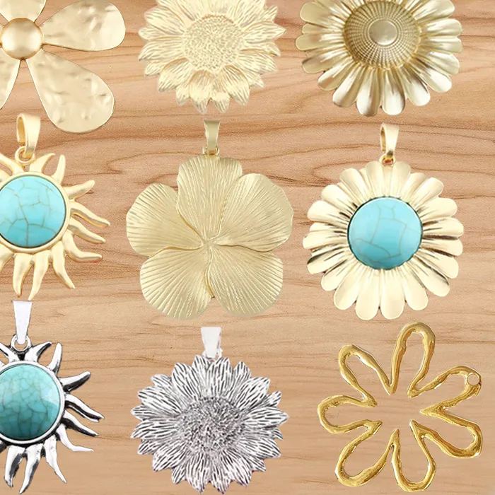 Authentic 1 Piece Matte Gold/Faux Turquoise Color Large Flower Charms Pendants For Fashion Necklace Jewellery Making Findings Accessories