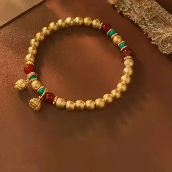 Authentic Retro Lotus seedpod Pendant Bracelet Antique Gold Craftsm Round Beads Bracelets for women Turquoise Light Luxury Jewelry