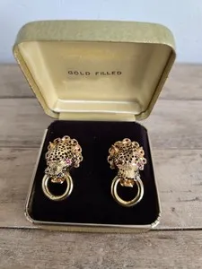 Authentic The Gilded Sentinel Panther Pierced Earrings in 22K Gold Plate with Ruby Rhinestone Gaze