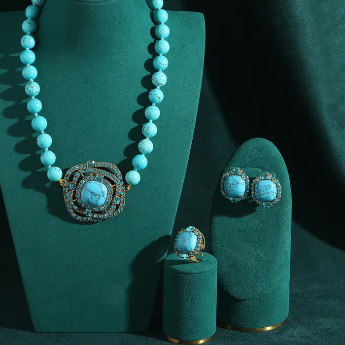 Authentic Vintage Turquoise Jewelry Set Square Rhinestone Beaded Pendant Necklace Ring Earring For Women Luxury Charms Dubai Fashion Party
