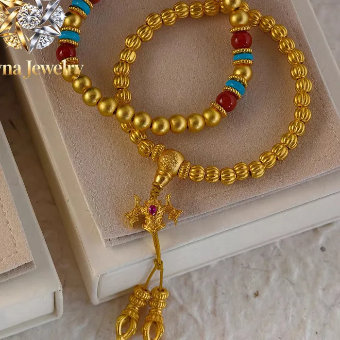 Authentic Pryna Jewelry 9999 24K real gold Chinese style ancient French style turquoise gold bead bracelet for women with red agate