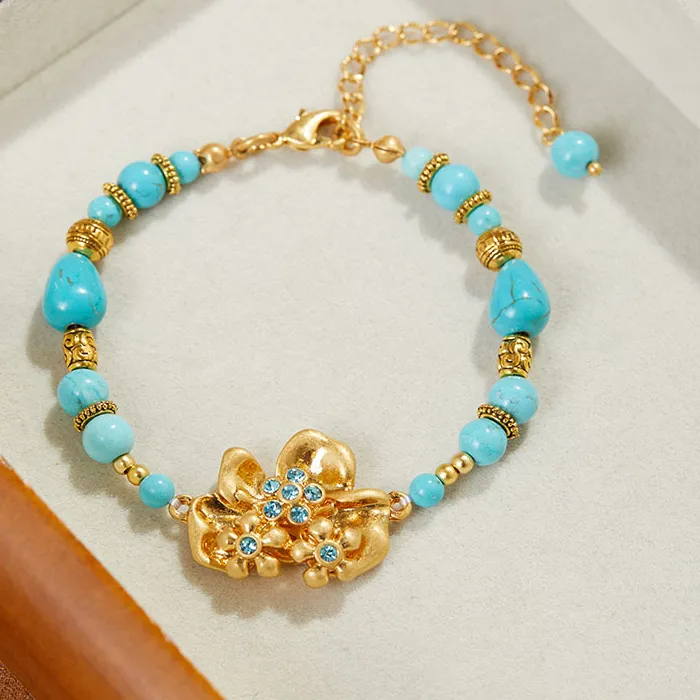 Authentic Ethnic Summer Bracelet for Women 18K Gold-plated Flower Pendant Blue Imitation Turquoise Pearl Hand Jewelry Chain Accessories