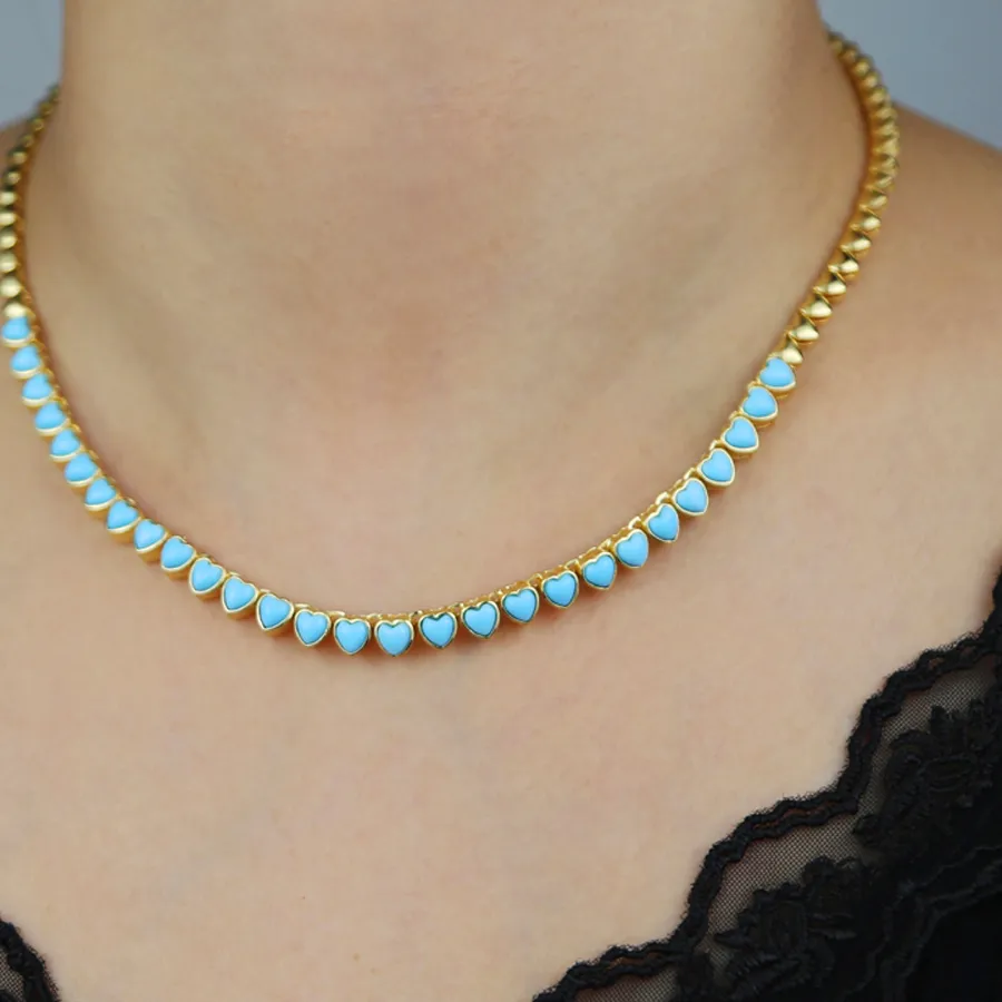 Authentic 2026 New Turquoises Heart Link Chain Necklace Gold Color Blue Stone Love Hearts Charm Choker Fashion For Women Jewelry