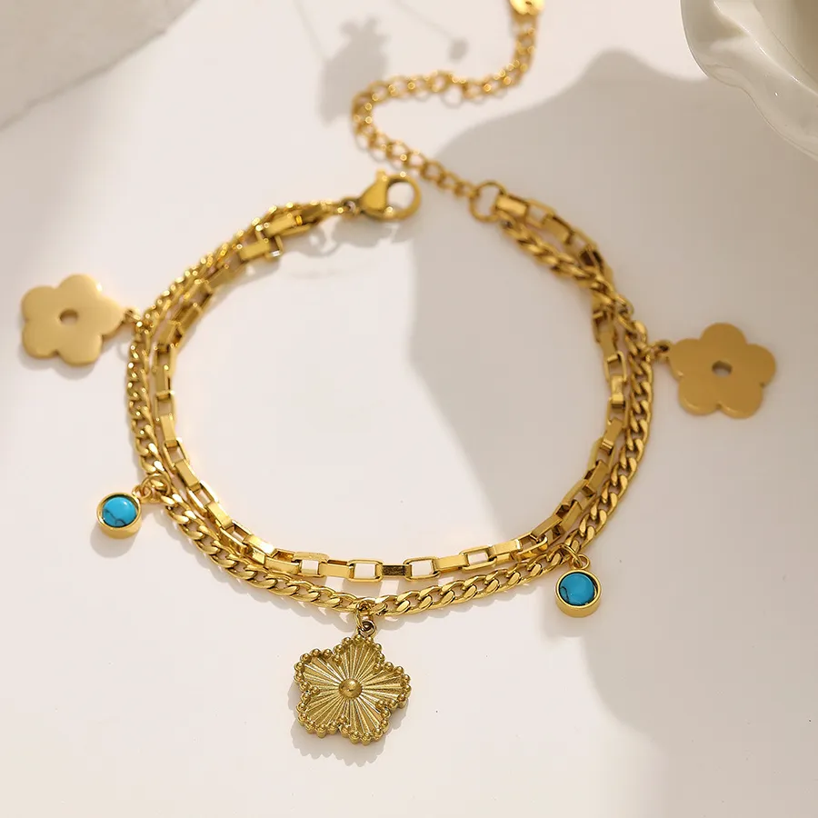 Authentic 18K Gold Plated Turquoise Flower Bracelet Double Chain Charm Jewelry for Women
