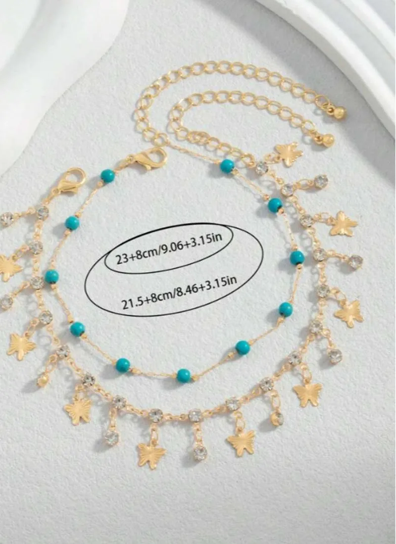 Authentic Gold-Tone Layered Ankle Chain With Turquoise Beads And Butterfly Charms For Boho Beach Foot Jewelry