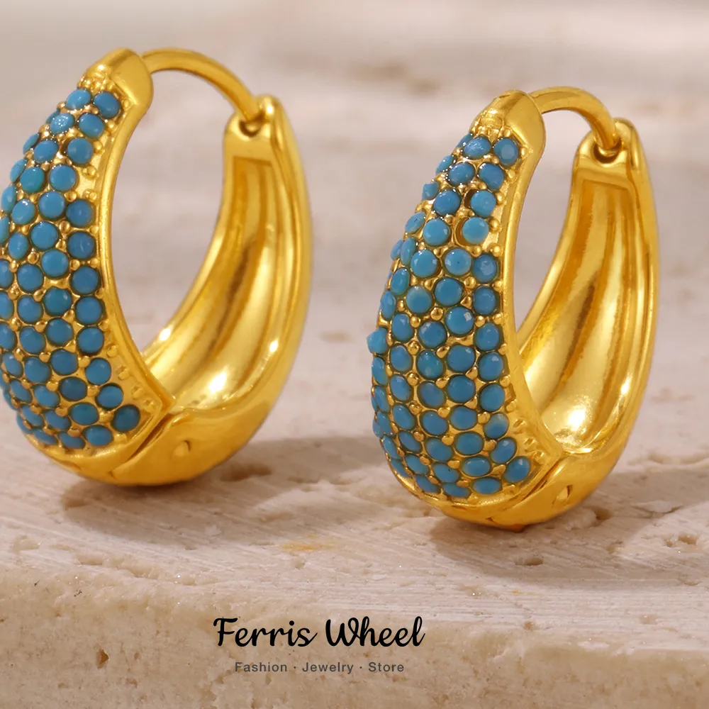 Authentic Chic Round Zircon Earrings for Women Gold Plated Stainless Steel Luxury Turquoise Stones Ear Hoop Waterproof Charm Jewelry Gift