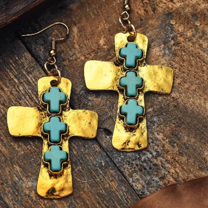 Authentic Sacred Turquoise Cross Earrings - Ancient Wisdom Gold Aura