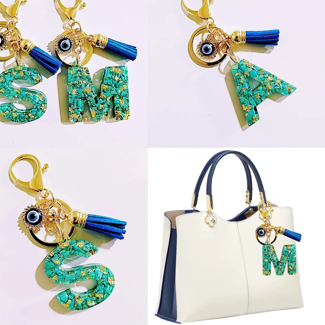 Authentic Natural Turquoise Chip Resin Alphabet Keychain with Evil Eye Charm & Tassel – Bag Pendant, Gift Accessory for Jewelry Making