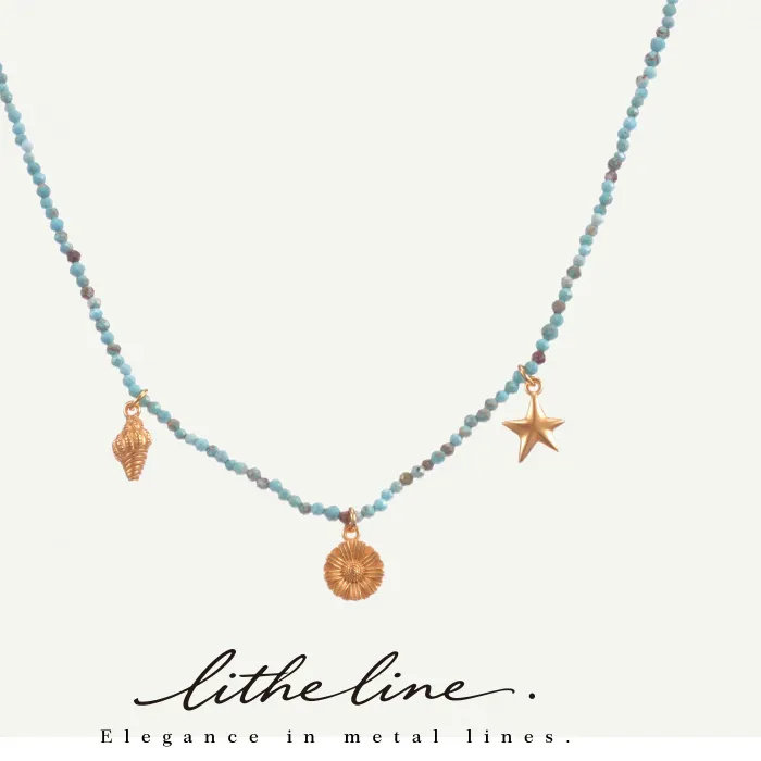 Authentic Litheline 24K Gold Plated Brass Turquoise Beaded Necklace, Ocean Charm Trio Skin-Safe Adjustable Coastal Bohemian Jewelry