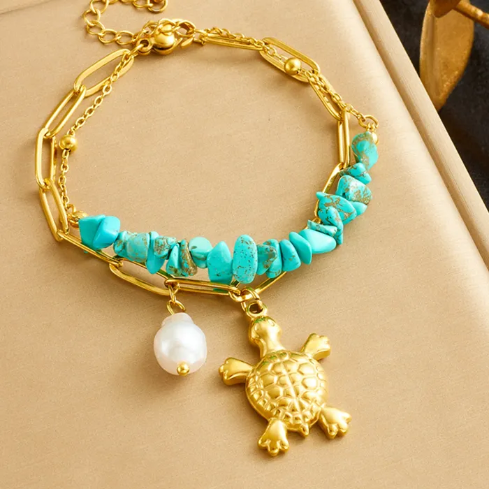 Authentic DIEYURO 316L Stainless Steell Turquoise Pearl Gold Color Turtle Pendant Bracelet Women New Concise Trend Hand Chain Jewelry Gift