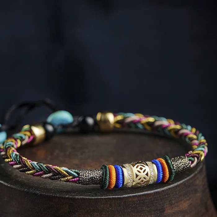 Authentic Tibetan Vajra Knot Colorful Bracelet, Handmade Lucky Cord with Turquoise Gold Charm, Amulet, Adjustable Gift for Him Her