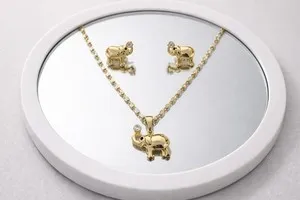 Authentic Elephant Gold Plated Jewelry Set – 16” Necklace with Extension & Stud Earrings