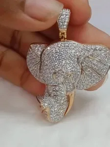 Authentic 2.89Ct Lab Created Diamond Elephant Pendant 14K Yellow Gold Plated Free Chain