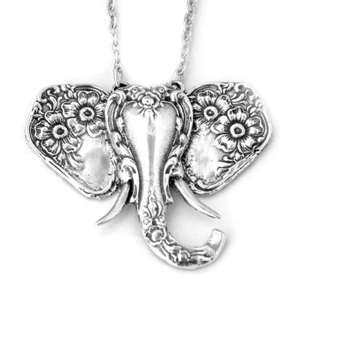 Authentic Spoon Replica Elephant Pendant Necklace Women's White Gold Plated