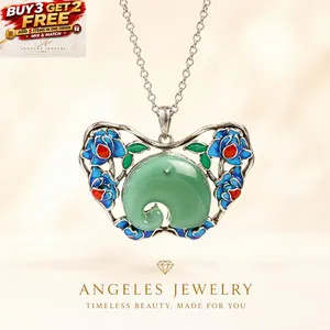 Authentic Green Jade Ruyi Pendant Necklace 18K White Gold Plated Cloisonne Floral Charm