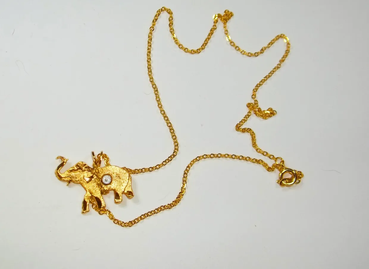 Authentic 70's Vintage gold plated elephant micro diamond 18" necklace