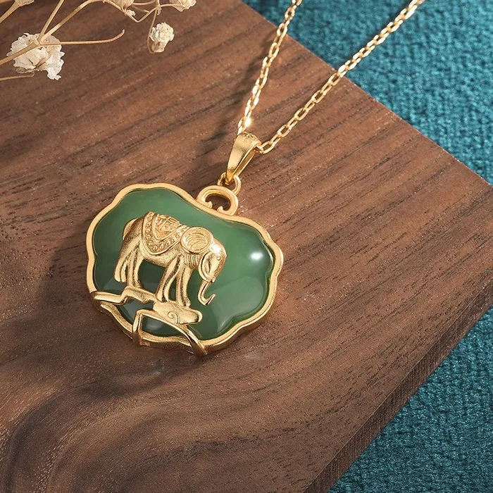 Authentic Mystical Jade Elephant Pendant: Golden Guardian of Good Fortune