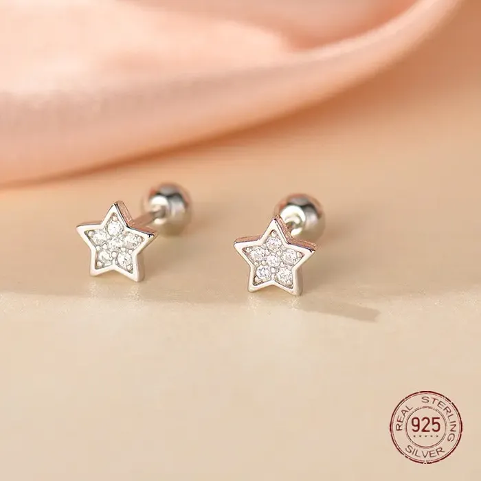 Authentic 925 Sterling Silver Pentagram Star Stud Earrings Minimalist Sparkling Zircon Small Earring Colleague Jewelry