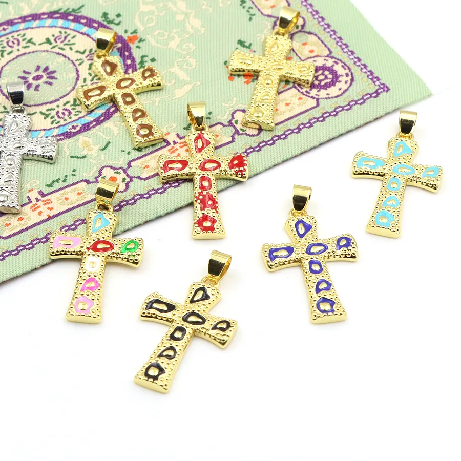 Authentic Gold Plated Leopard Enamel Pattern Cross Pendant Diy Jewelry Making Earrings Necklace Keychain Accessories Christmas