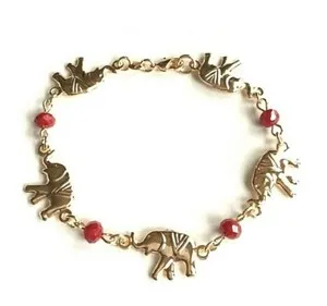 Authentic 14K GOLD PLATED 5 ELEPHANT RED CRYSTAL BRACELET 7,25"/ PULSERA DE ELEFANTE 7,25"