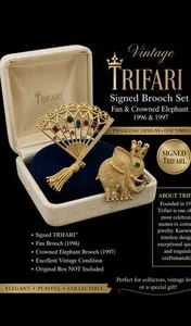 Authentic Trifari Designed Gold Plated Sterling Silver ELEPHANT & FAN Brooch