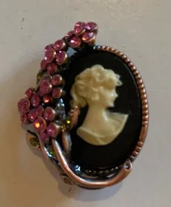 Authentic Mystic Rose Gold Black Cameo Brooch with Whispering Pink Crystals