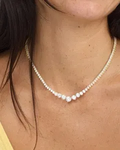 Authentic Radiant Cascade Graduated Diamond Tennis Necklace in 14K Gold Plate