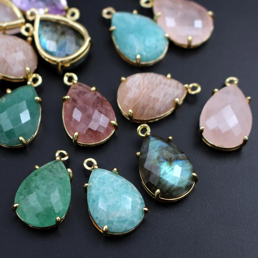 Authentic 10pcs 21mm Gold Plated Faceted Teardrop Natural Stone Pendants Labradorite Amazonite Green Quartz Drops Charms Jewelry DIY