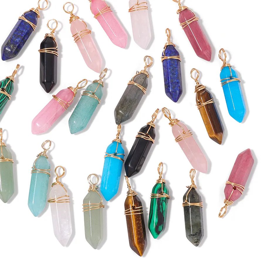 Authentic 6X24MM Natural Stone Pendant Quartz Aventurine Labradorite Crystal Hexagonal Pillar Pendants for Jewelry Necklace Earring Making