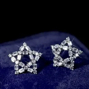 Authentic 18k white gold plated silver pentagram stud curved CZ star earrings