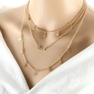 Authentic Gold Plated Multilayer Layered Pentagram Star Love Symbol Necklace. #495