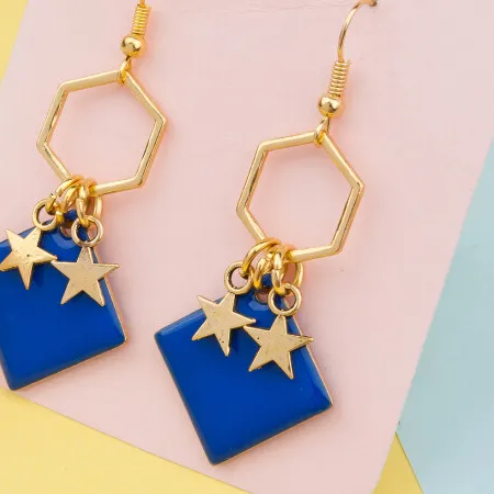 Authentic Gold Plated Pentagram Star Navy Blue Square Honeycomb Earrings 59mm #953