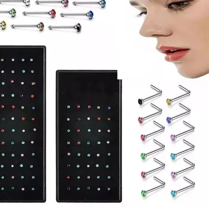 Authentic 40 60 Crystal Nose Piercing Straight Nose Ring Kit L Nose Stud Piercing Helix Body Jewelry