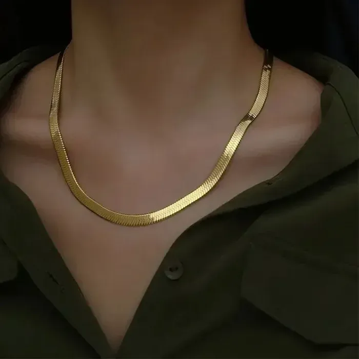 Authentic Silver 18K Gold Color 4Mm Flat Chain Necklace Fine Jewelry Choker Clavicle