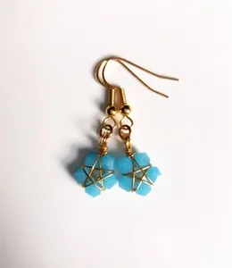 Authentic Handmade Gold Plated Wire Wrapped Blue Faceted Glass Pentagram Earrings